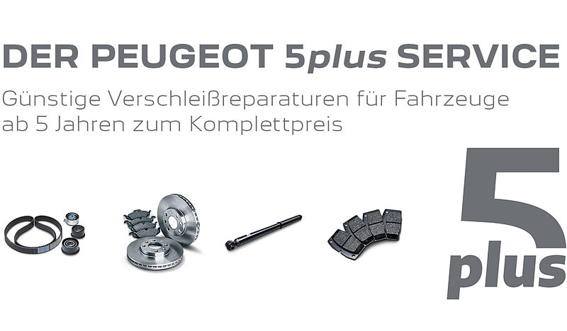 Der PEUGEOT 5plus Service. Für viele Peugeot Pkw ab 5 Jahren nach Erstzulassung erhalten Sie bei uns Top-Verschleißreparaturen inklusive Montage zu sensationellen Komplettpreisen.