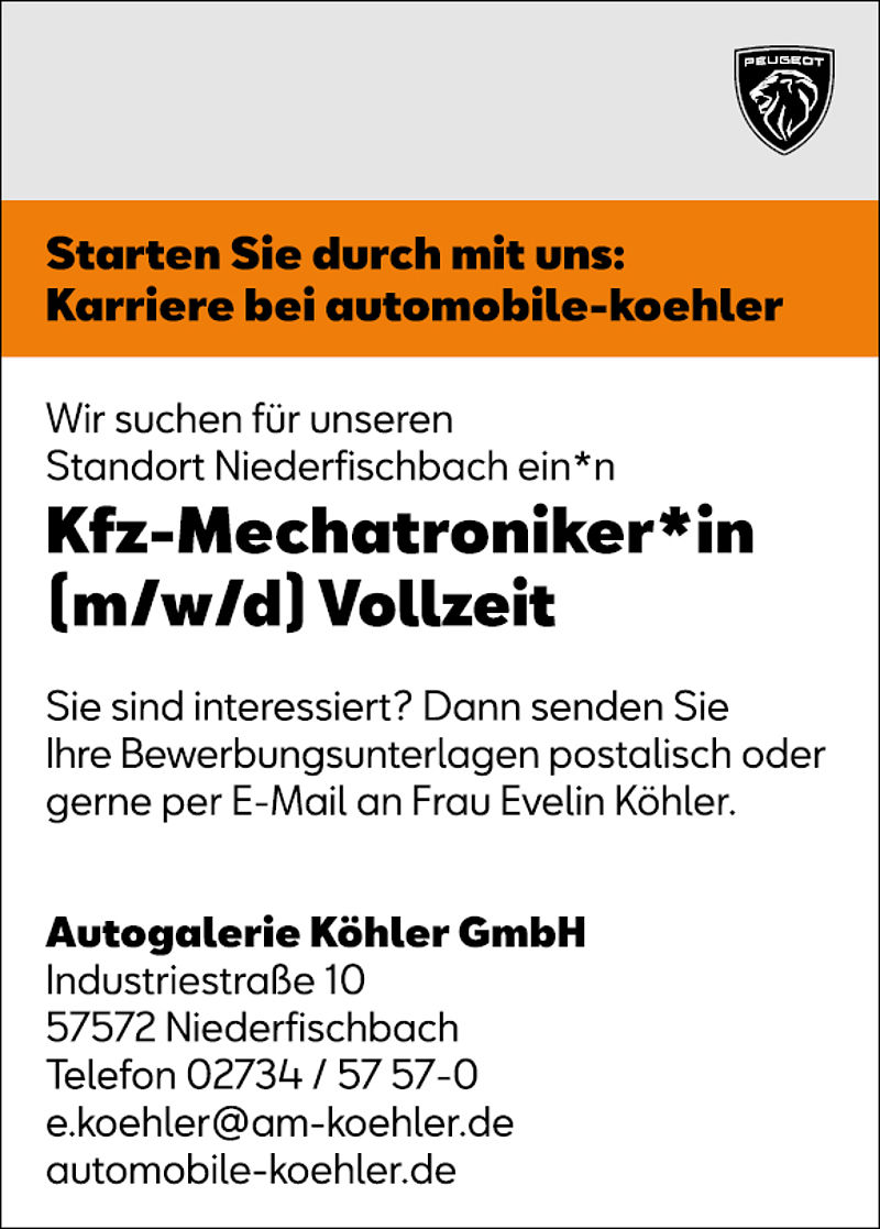 Stellenangebot Kfz-Mechatroniker*in (m/w/d) Niederfischbach 10 (16.3.2021)