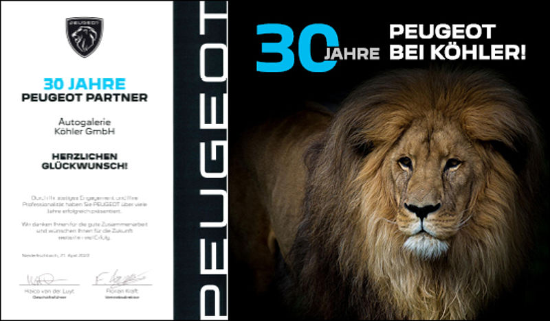 30 Jahre PEUGEOT Vertragspartner - Bereits seit 1992 zählt die Autogalerie Köhler zum PEUGEOT Händlernetz und bietet professionelle Serviceleistungen sowie eine fachgerechte Kaufberatung rund um die Modelle des französischen Autobauers an. 